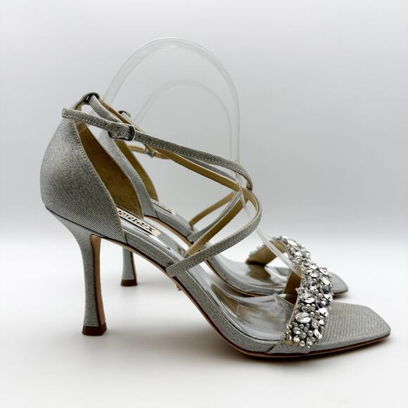 Badgley Mischka Womens Nala Glitter Strappy Heels US 8 Silver Satin NWOB - Picture 2 of 11